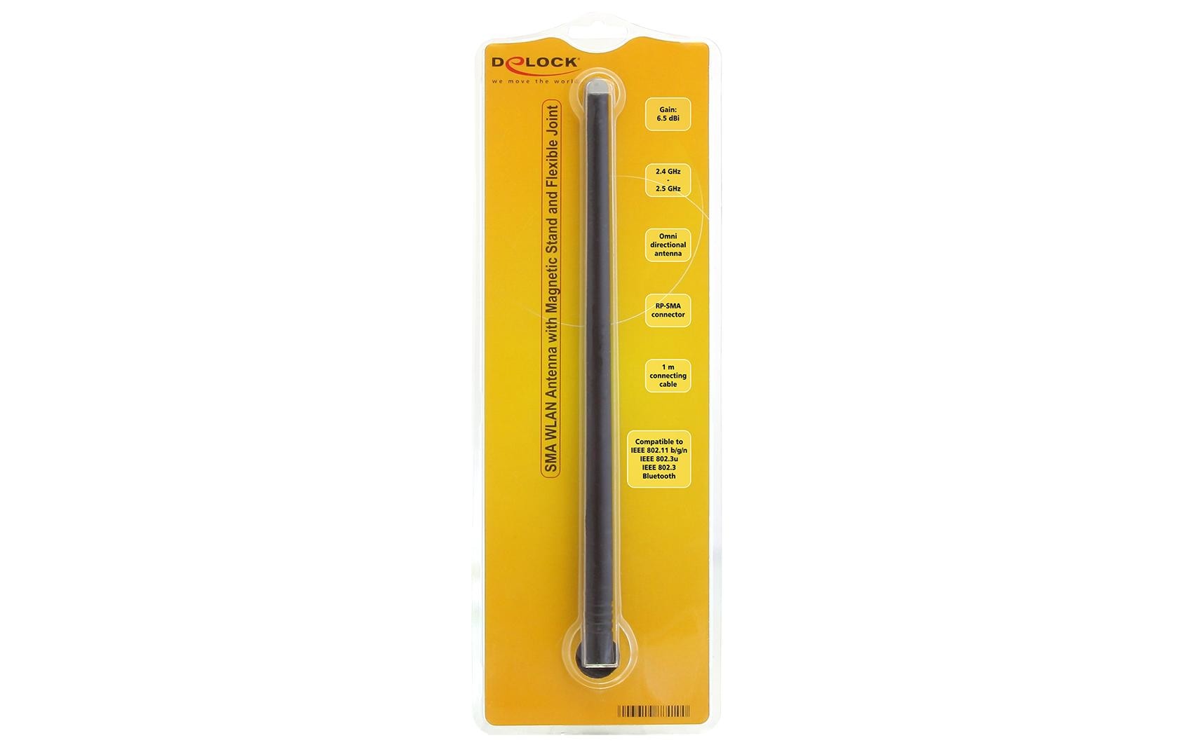 WLAN-Antenne RP-SMA, 30cm RP-SMA 6.5 dBi RundstrahlDelock 2.4Ghz WLAN Antenne mit RP-SMA Anschluss, 6.5 dBi omnidirektional Gelenk mit magnetischem Standfuss