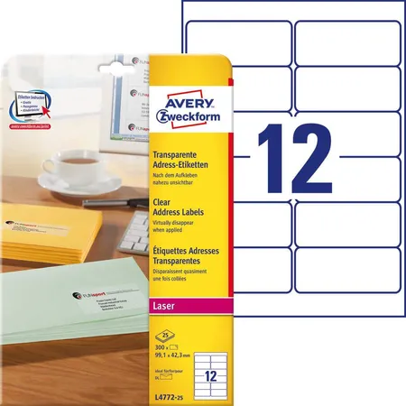 Avery Zweckform L4772-25 Adress-Etiketten,A4 99,1 x 42,3 mm, 25 Bogen/300 Etiketten, transparent