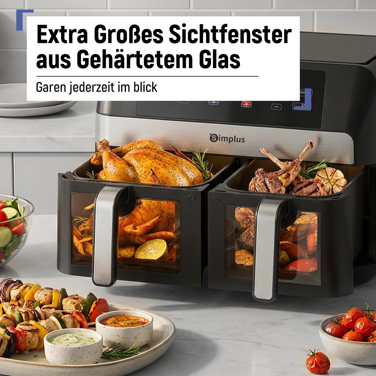 SIMPLUS Heißluftfritteuse 10L Doppelkorb mit Sichtfenster, 2 Kammern mit unabhängiger Temperaturregelung, 11 Programme, LCD Touchscreen, 1800W Airfryer, Timer & Vorheizen, Antihaftbeschichtet