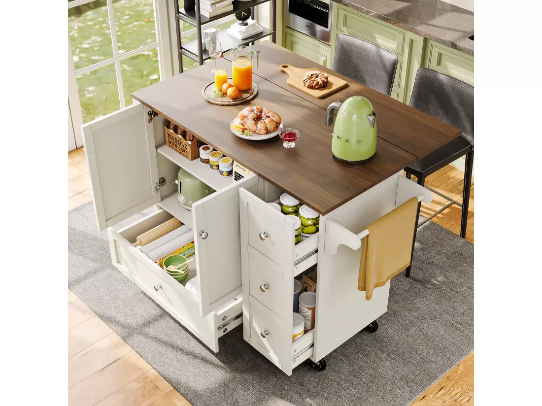 Ilot central de cuisine mobile avec 2 portes, 3 tiroirs et porte-serviettes - Plateau extensible - 128x46/71x92.5 cm - MDF - Blanc + marron