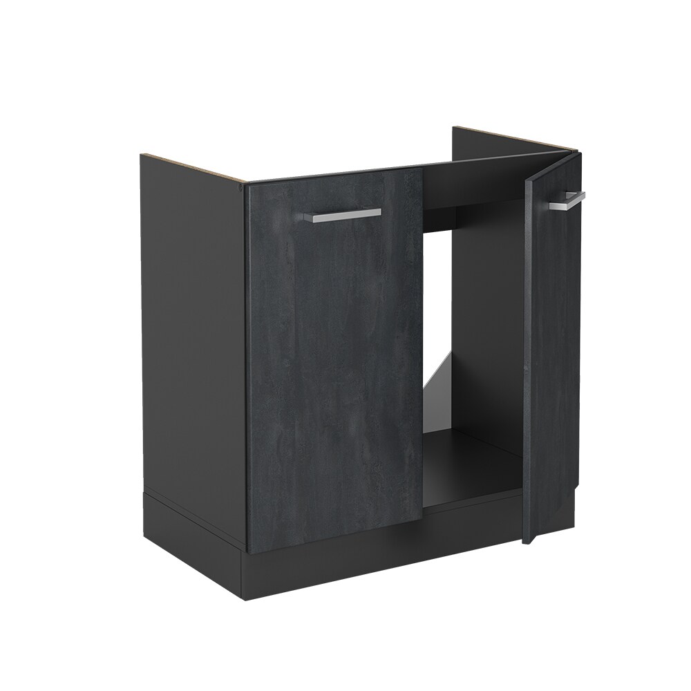 Vicco Spülenunterschrank R-Line Schwarz Beton Anthrazit 80 cm mit Arbeitsplatte Weiß-Marmor