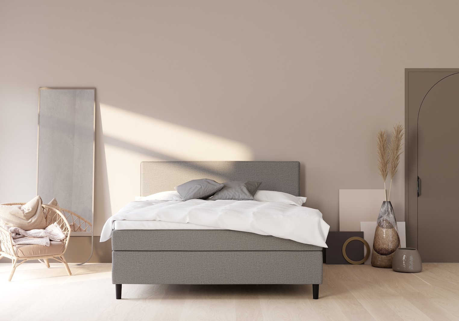 Sensitive 200 Kontinental 210x210 cm Tekstil Taupe 70 Medium/Medium m/Premium hyperflex overmadrass og Round black ben 13cm, gavl selges separate.