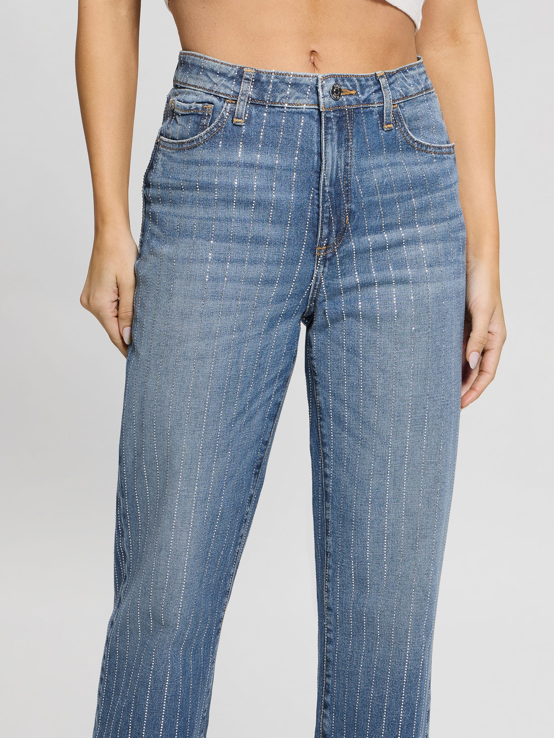 Calça jeans de cintura alta com strass dos anos 90