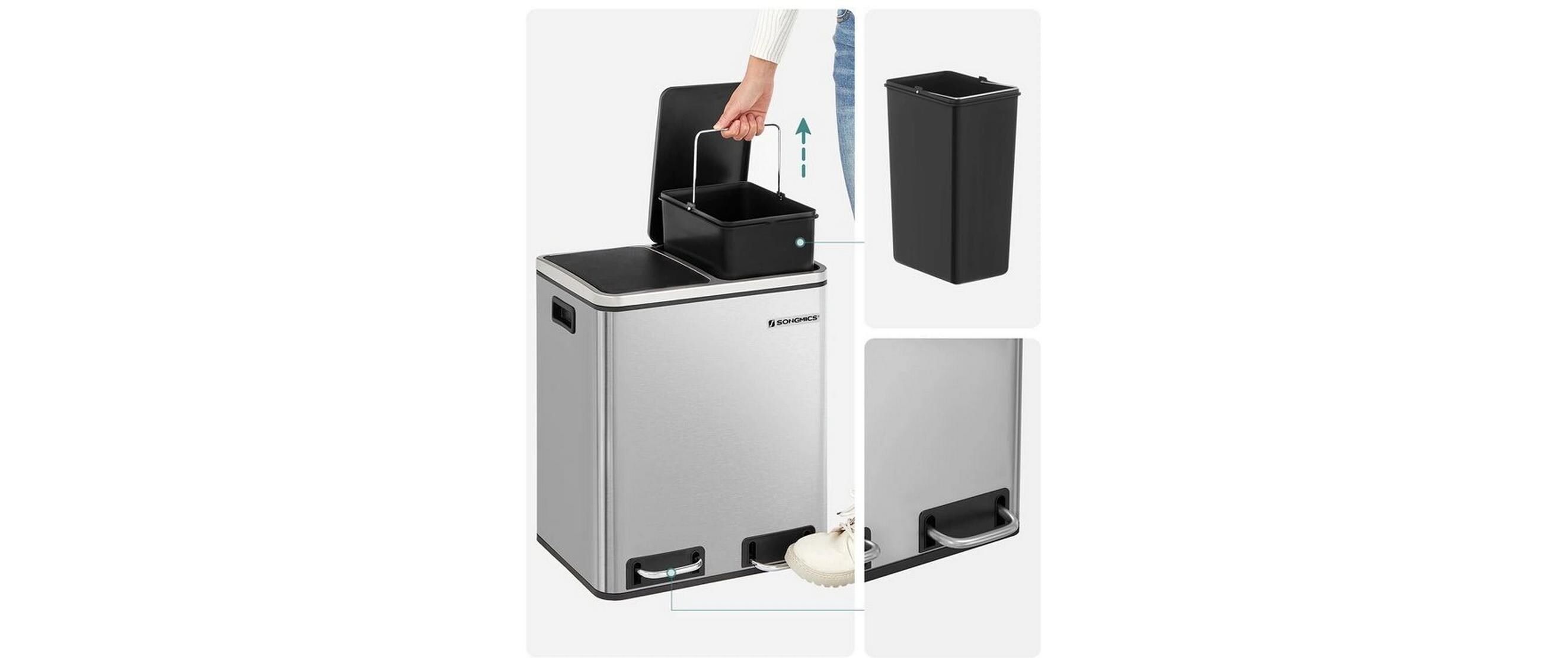 Abfalleimer 30 l, Silber<br>Treteimer mit zwei Fächern