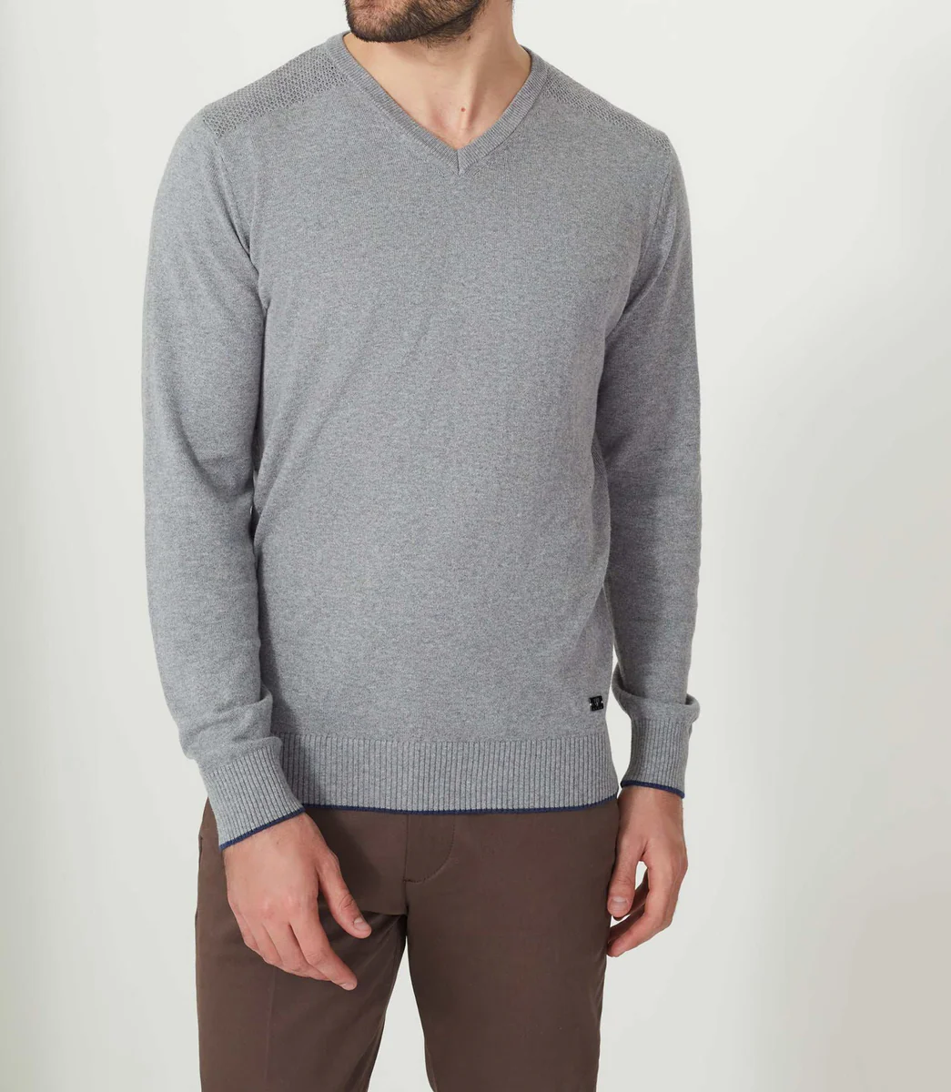 Pull col V coton-cachemire gris chiné 
