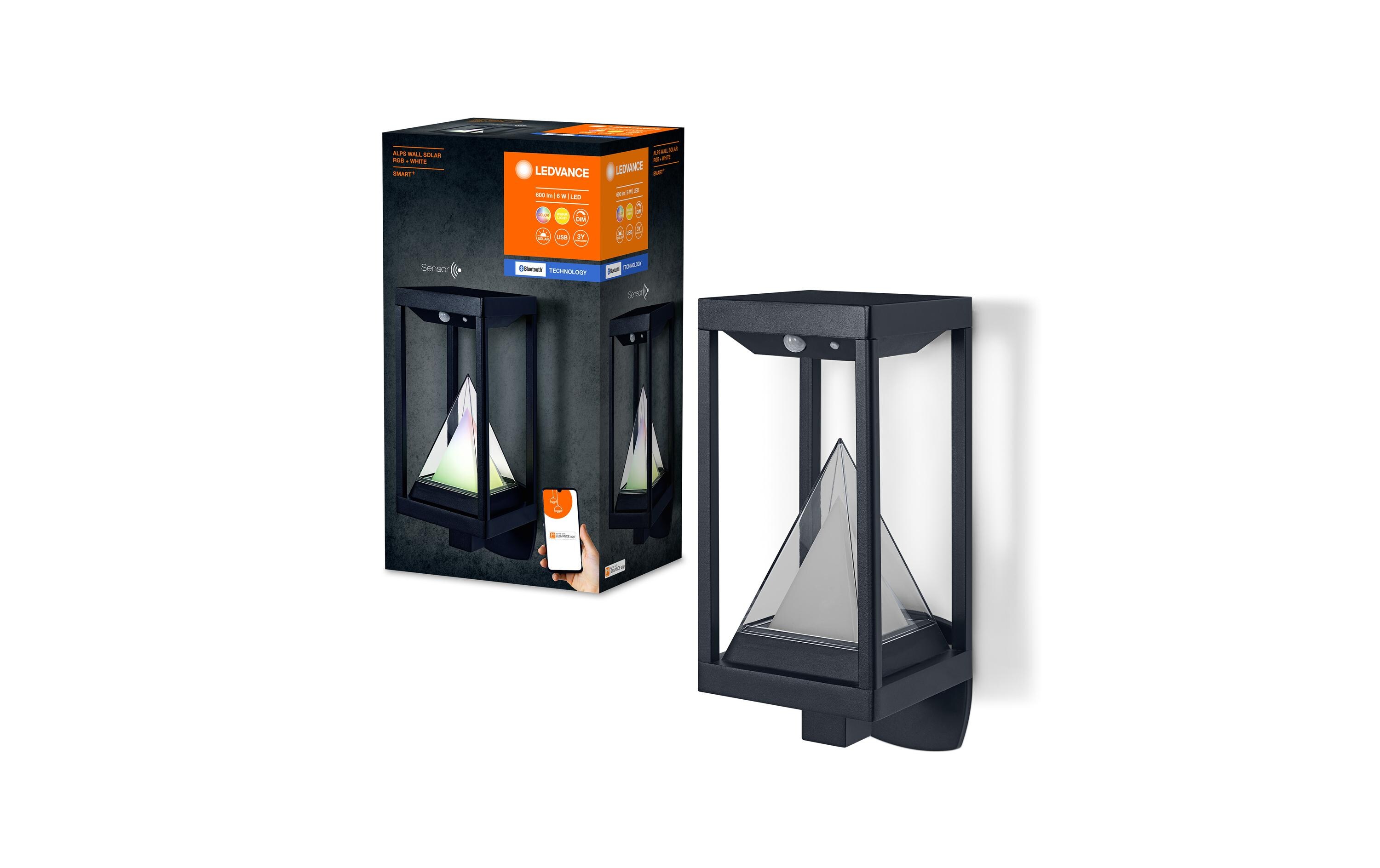 Wandleuchte Smart+ Solar Alps, 6W, 3000K, BT, SchwarzSolarbetriebene LED-Aussenleuchten