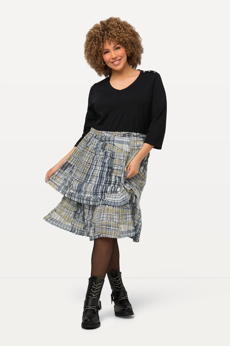 Jerseykleid, Plisseerock, A-Linie, V-Ausschnitt, 3/4-Arm