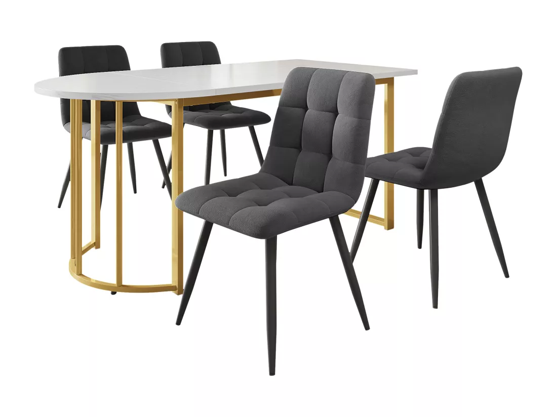 Table à manger 4 à 6 couverts - 118.5 x 70 x 75 cm - Bois MDF + métal - Motif marbre - Blanc + or