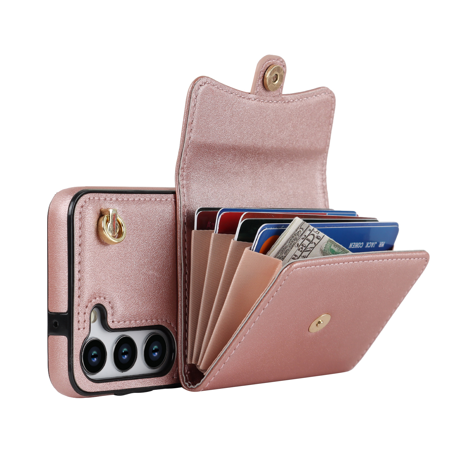 Samsung Galaxy S25 Necklace Leder Schutz Hülle mit Kartenfach   Handykette (140cm) - Roségold