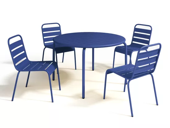Salle à manger de jardin en métal - une table D.110 cm et 4 chaises empilables - Bleu nuit - MIRMANDE de MYLIA