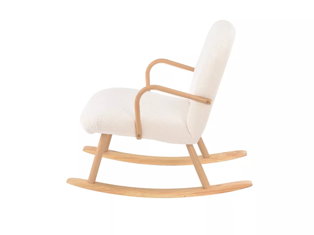 Chaise à bascule avec accoudoirs en bois, structure en acier et pieds en hêtre, Laine d'agneau blanc