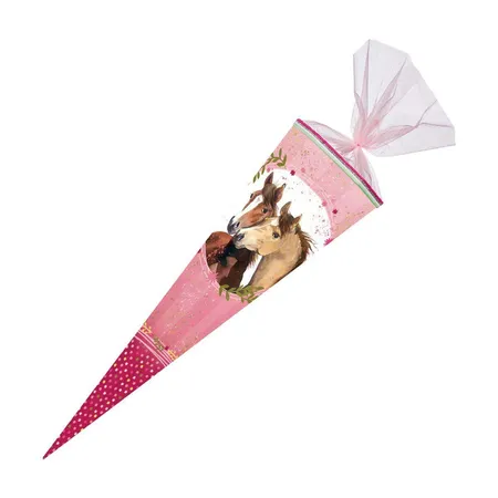 Nestler Schultüte Pferdefreunde 2 extra, mit Stoffblumen, Organzaverschluss 85cm eckig
