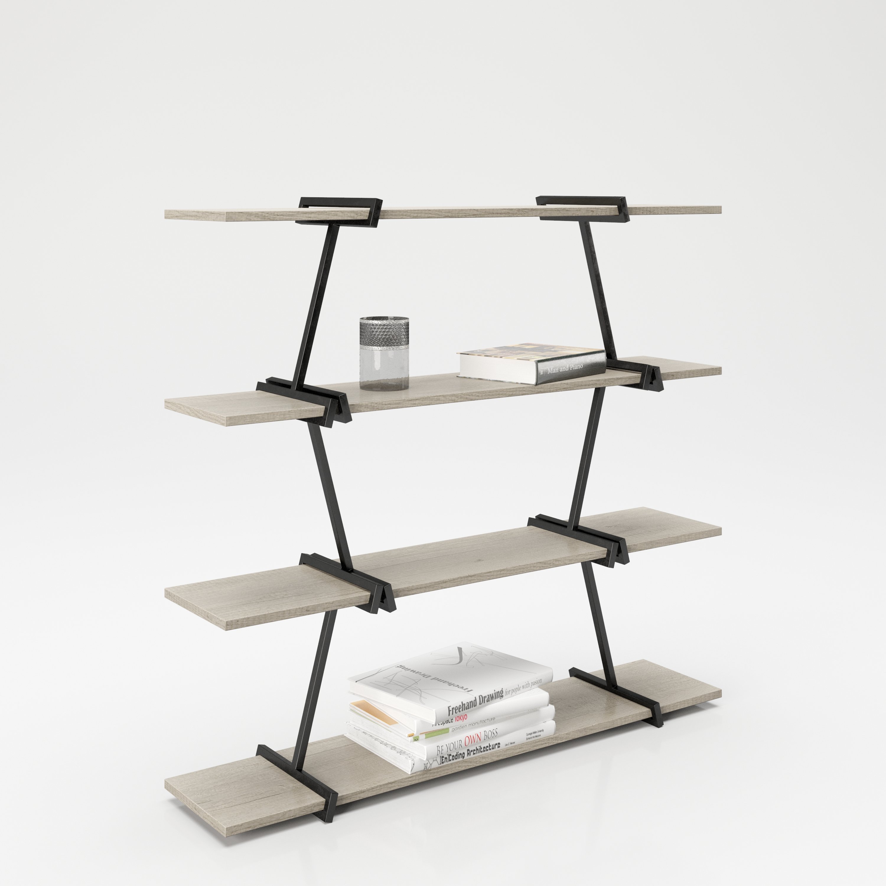 Babylon - Regal, Raumteiler, Bücherregal mit 4 Böden, Wild Eiche kombiniert mit schwarz matten Metallkomponenten, modernes Industrial Design