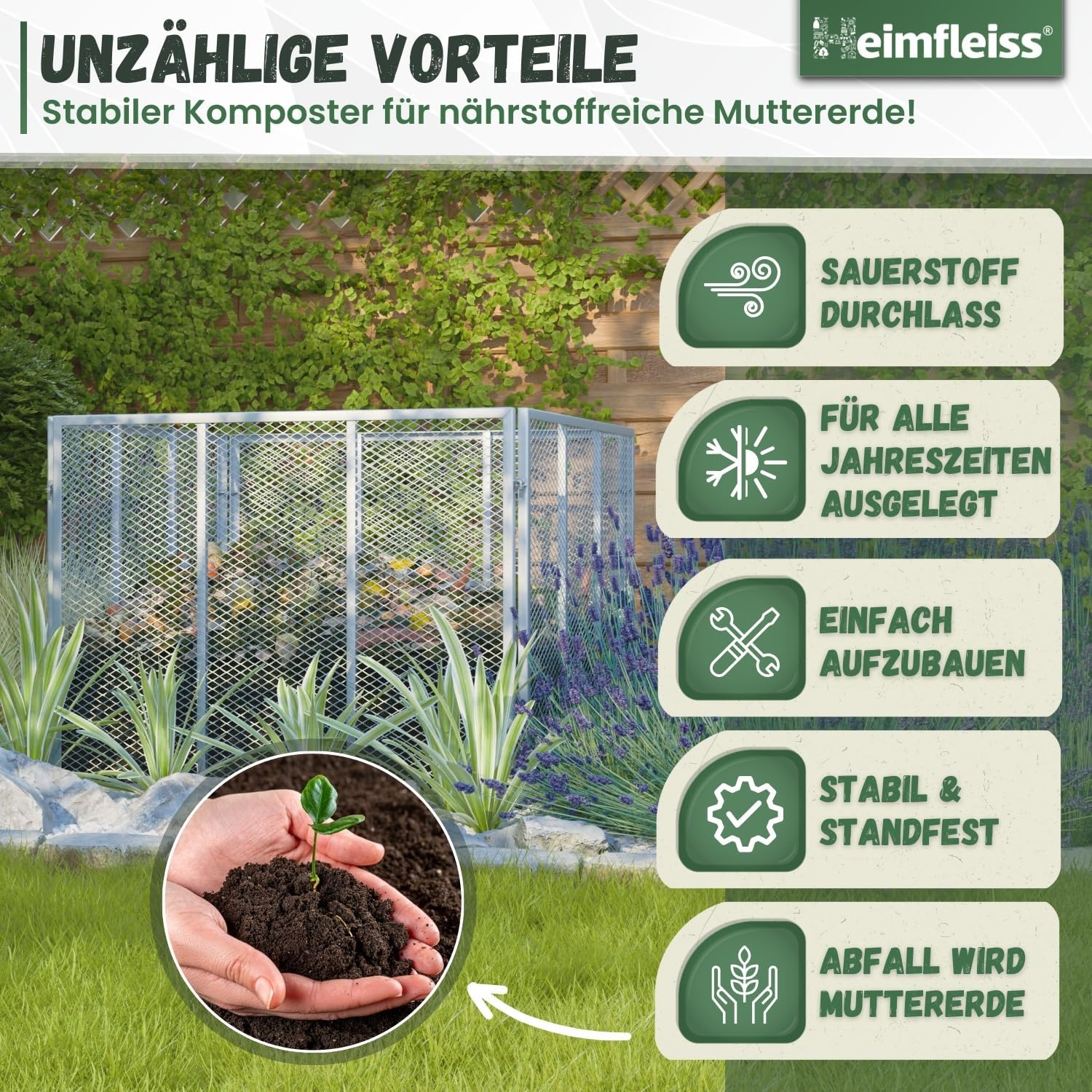 Heimfleiss® Komposter Metall 100x100x75 cm + Deckel & Boden | 750L Metallkomposter verzinkt & pulverbeschichtet | Metall Komposter Garten für Rasenschnitt & Biomüll | Gartenkomposter mit Stecksystem