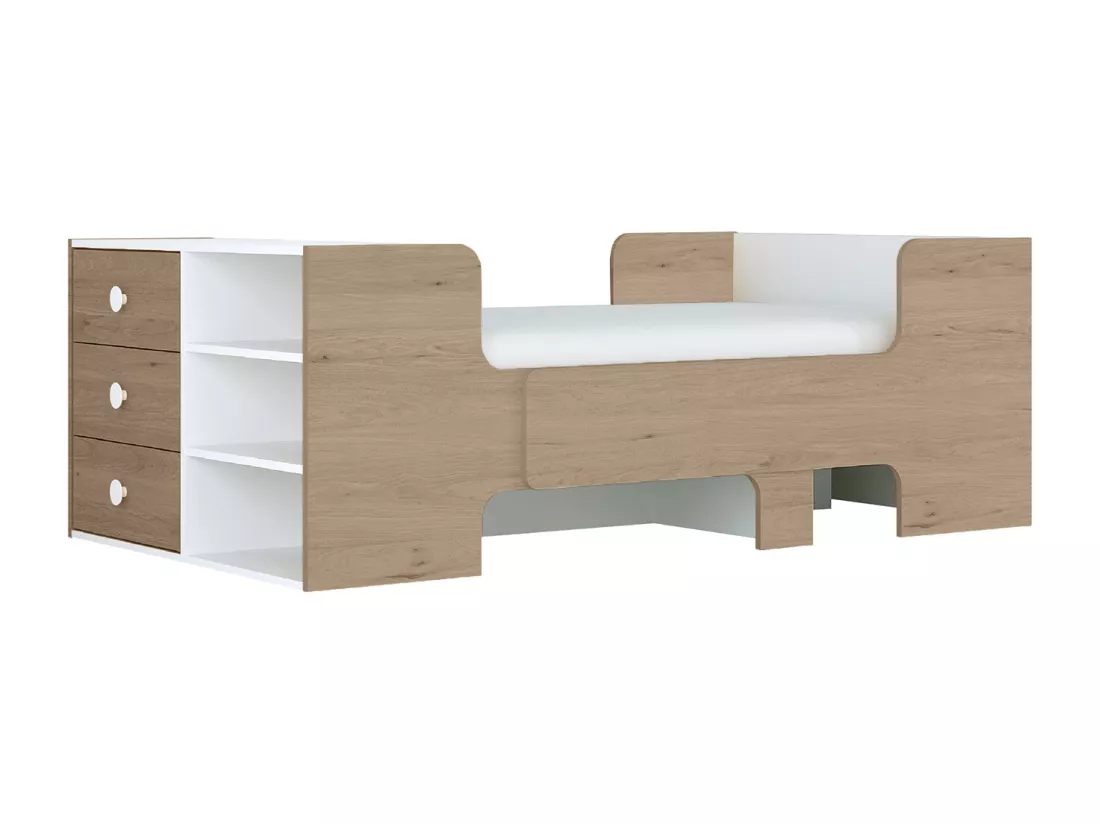 Lit évolutif 90 x 140/170/200 cm avec rangements - Coloris : Naturel et blanc + Matelas - GAROLIO