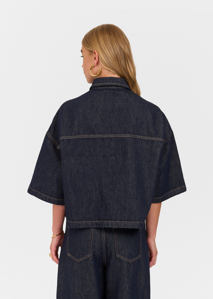 Denim blouse korte mouw marine blauw