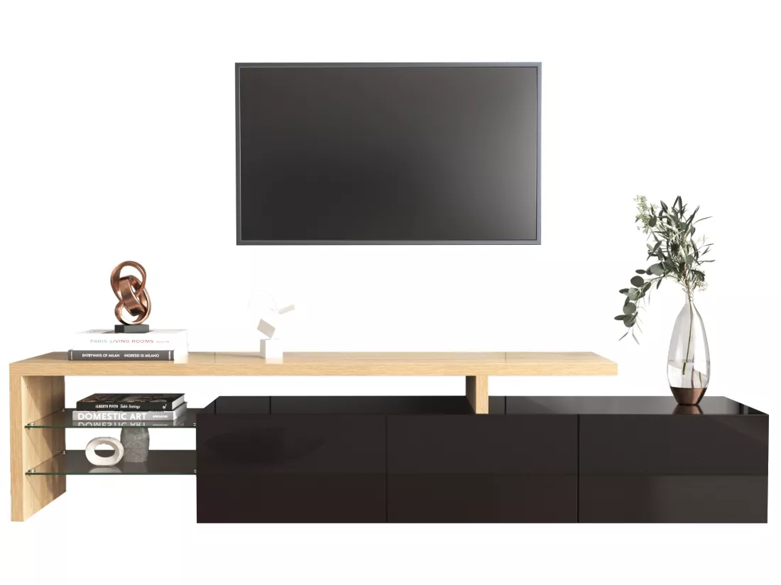 Meuble TV 200 cm - 3 portes et 2 compartiments en verre - style moderne - Noir & Naturel