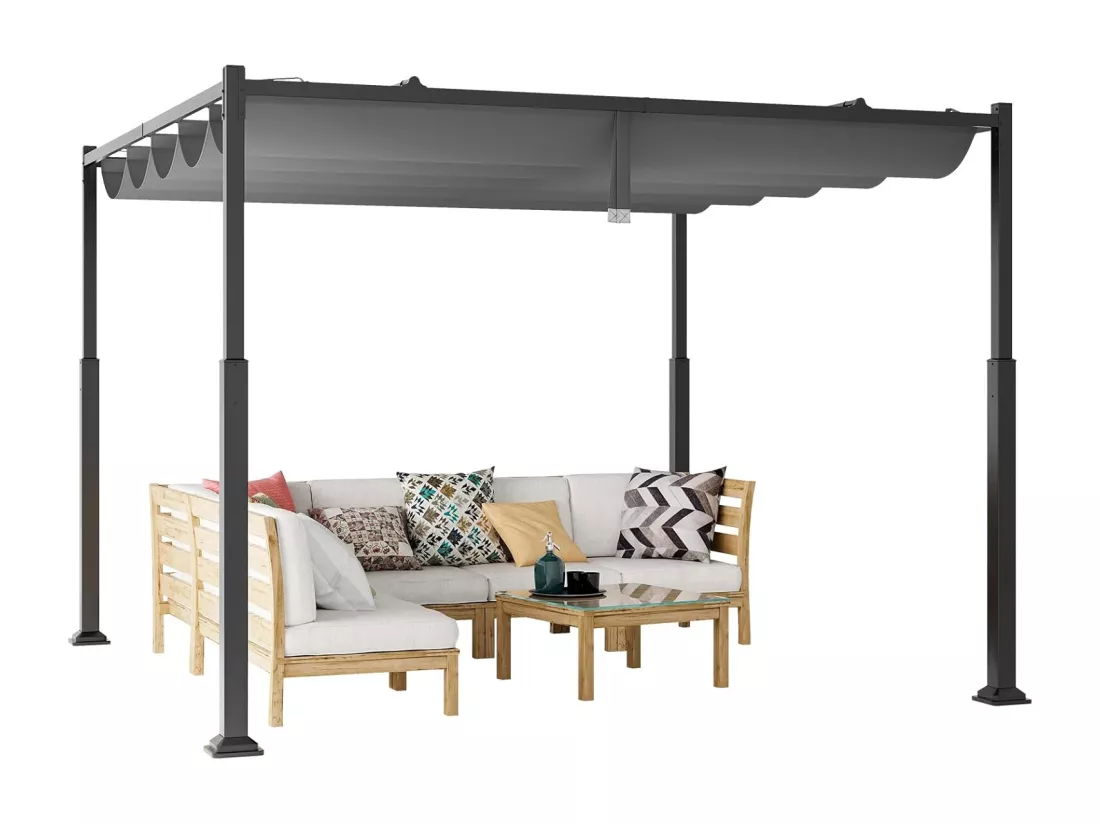 Pergola d'Extérieur 310 x 310 CM avec Auvent Rétractable, Abri Colonnes Métalliques Robustes Pavillon Moderne Pare-Soleil, Tonnelle pour Jardin Patio Terrasse Porche, Gris
