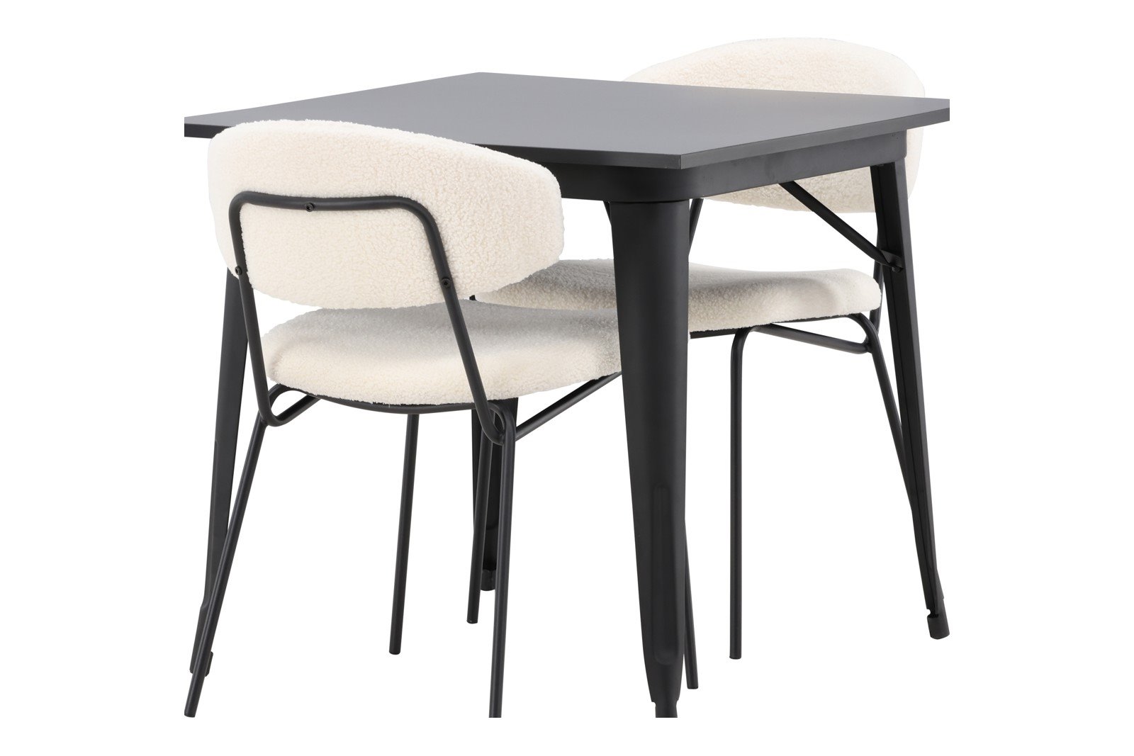 Tempe og Chico Spisegruppe Tempo spisebord 80x80cm i sort med 2 stk. Chico spisestoler i White bouclé og sorte ben.