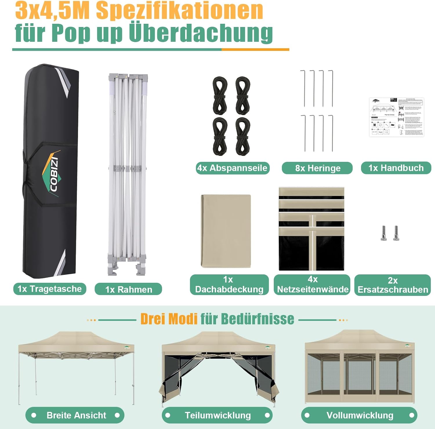COBIZI Pavillon 3x4,5,Faltpavillon 3x4,5 Wasserdicht Stabil,Pavillon Faltbar Anti-UV mit Mesh-Seitenwände,Pavillion für Camping Events, Partyzelt Gartenzelt mit Tragetasche(3 mal 4,5m Khaki)