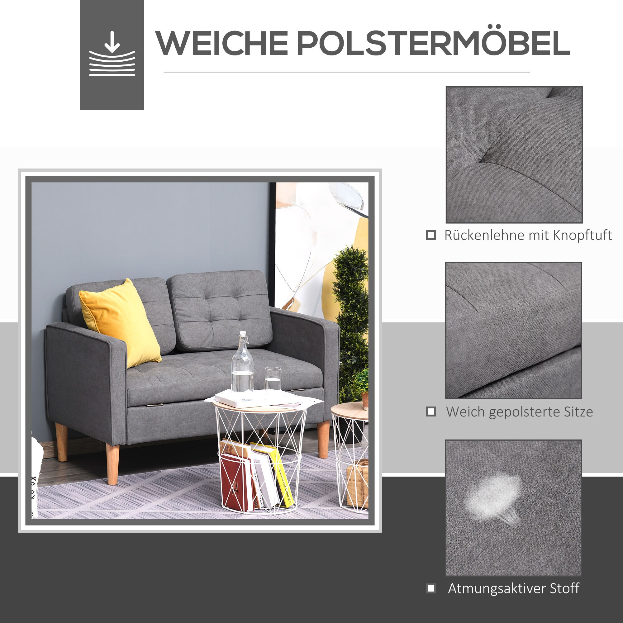 HOMCOM 2-Sitzer Sofa mit abnehmbaren Kissen grau 117 x 62 x 78 cm (BxTxH)