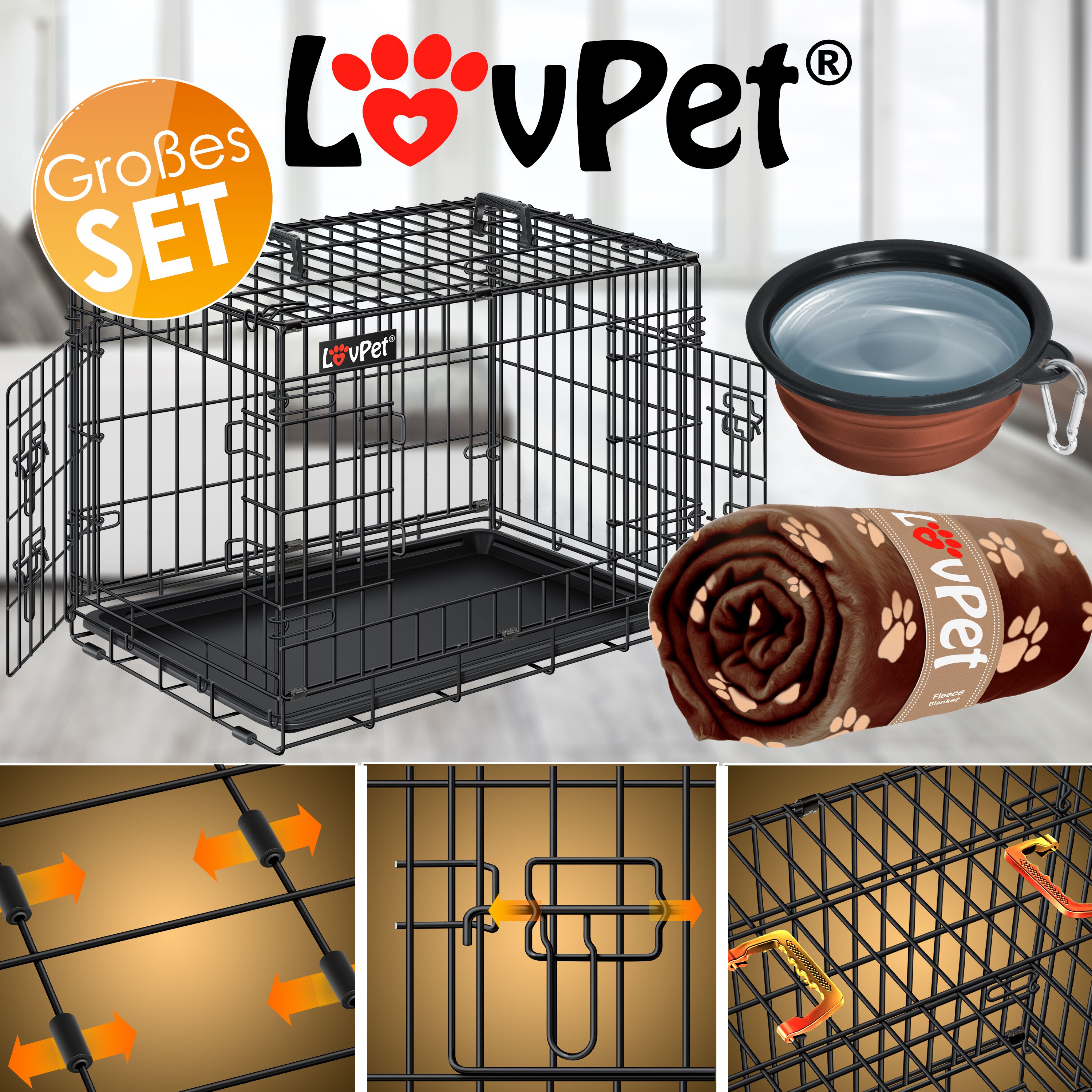 LOVPET® Hundekäfig klappbar Hundetransportkäfig Inkl. Fleecedecke + Napf Hundebox mit 2 Türen Transportkäfig Auto, Tiertransportbox Hundetransportbox mit Bodenschale