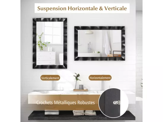 Miroir Mural Rectangulaire 106 × 71.5 cm, Cadre en Bois d’Hévéa, Grand Miroir Mural, Suspension Verticale & Horizontale, Miroir Décoratif pour Salon, Salle de Bain, Chambre à Coucher (Noir)