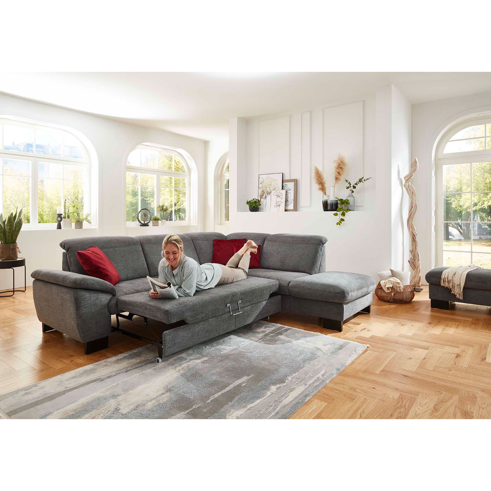polsterpower Ecksofa - anthrazit - mit Funktionen - Anstellhocker rechts