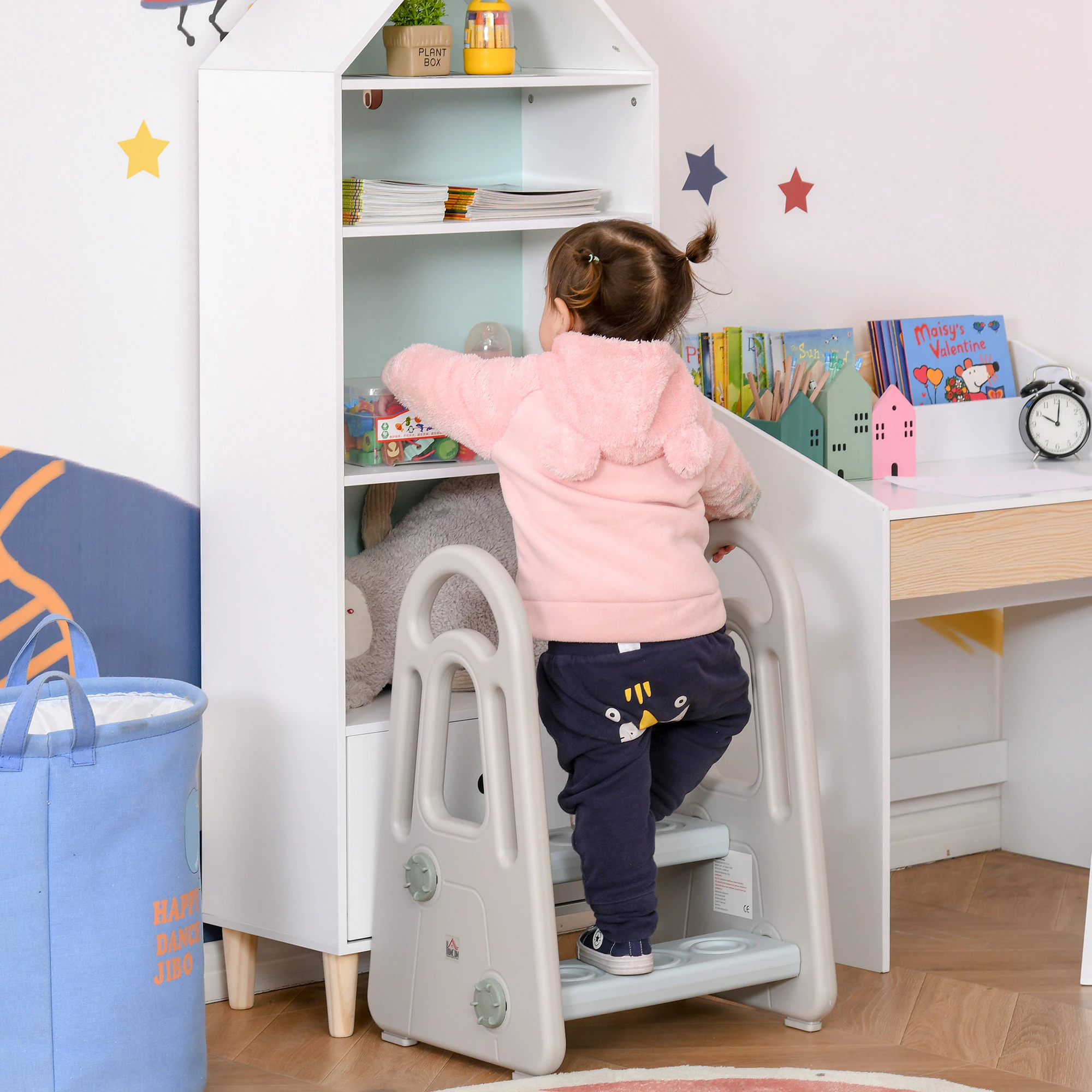 HOMCOM Kinder-Tritt mit rutschfesten Gummi-Füßen Blau, Grau 43,5 x 38,5 x 61 cm (LxBxH)