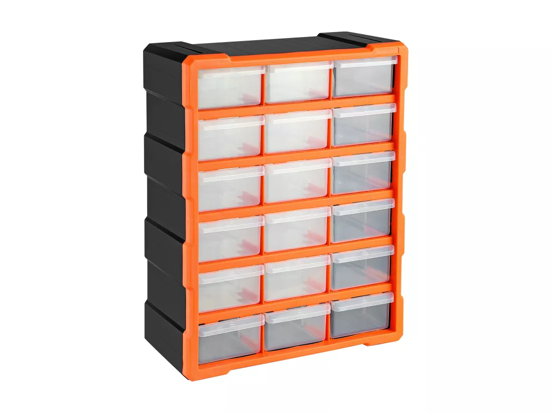 Boîte à outils de rangement, 18 tiroirs extensible en plastique, 38x16x46.5cm, Orange