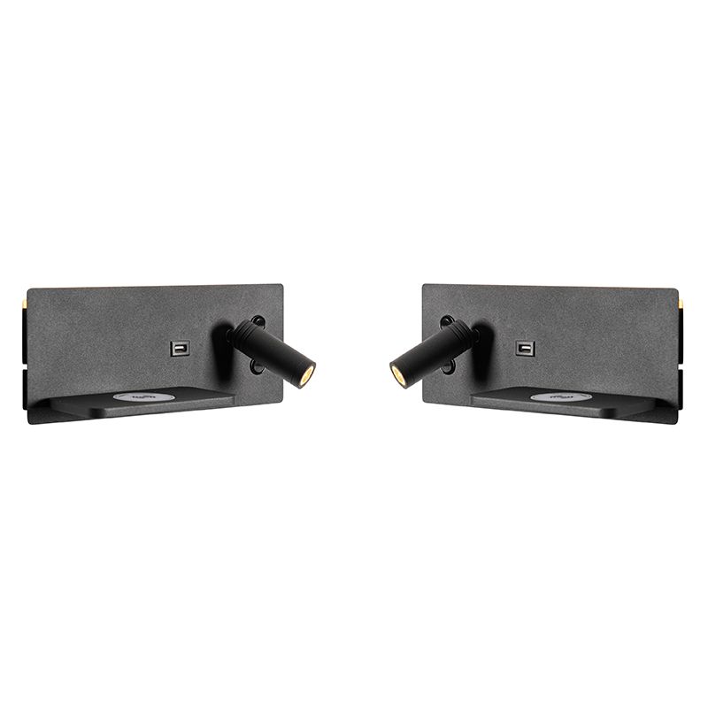 Set van 2 wandlamp zwart incl. LED met USB en inductielader - Riza