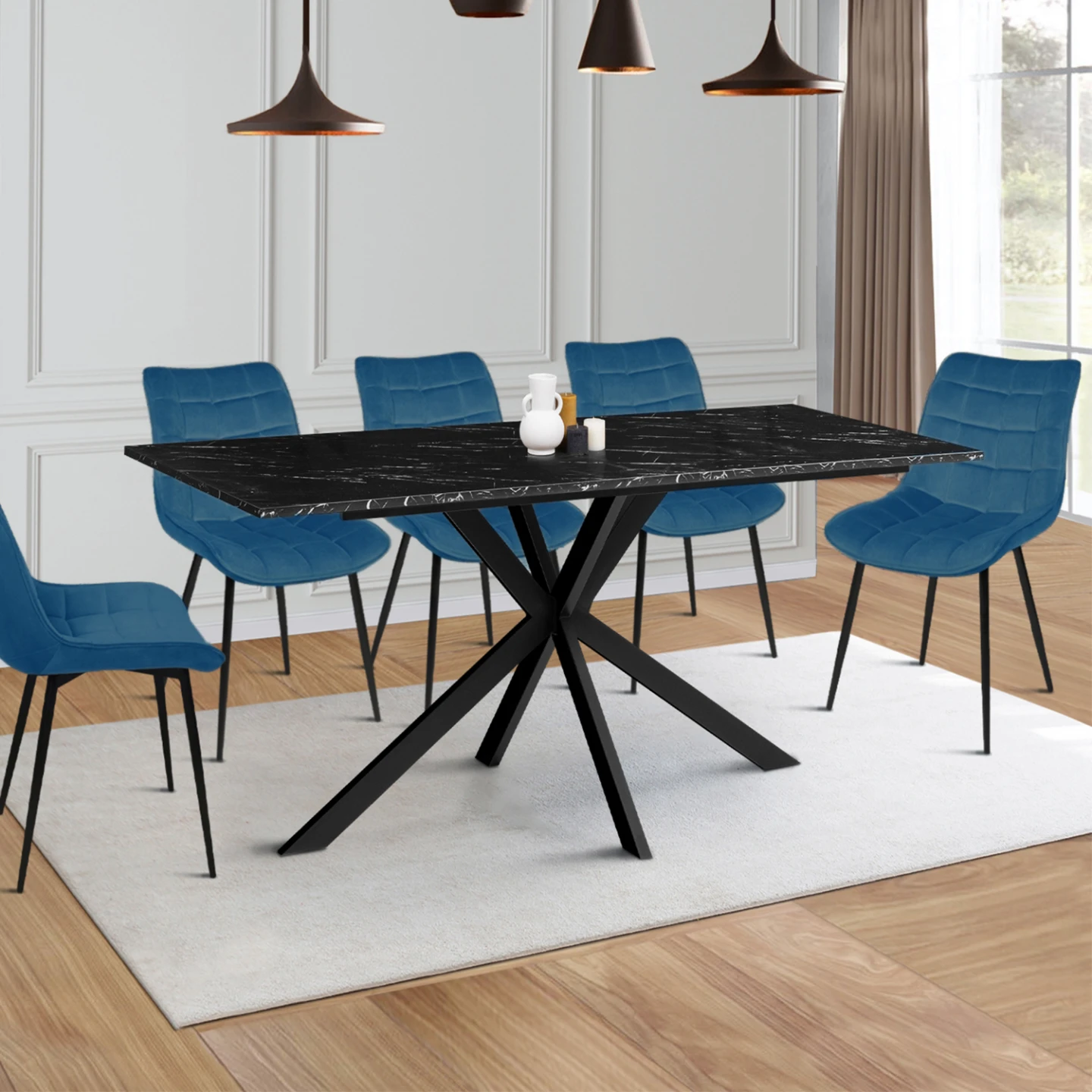 Table à manger rectangle ALIX 8 personnes pied araignée noir et plateau effet marbre noir ALASKA 160 cm