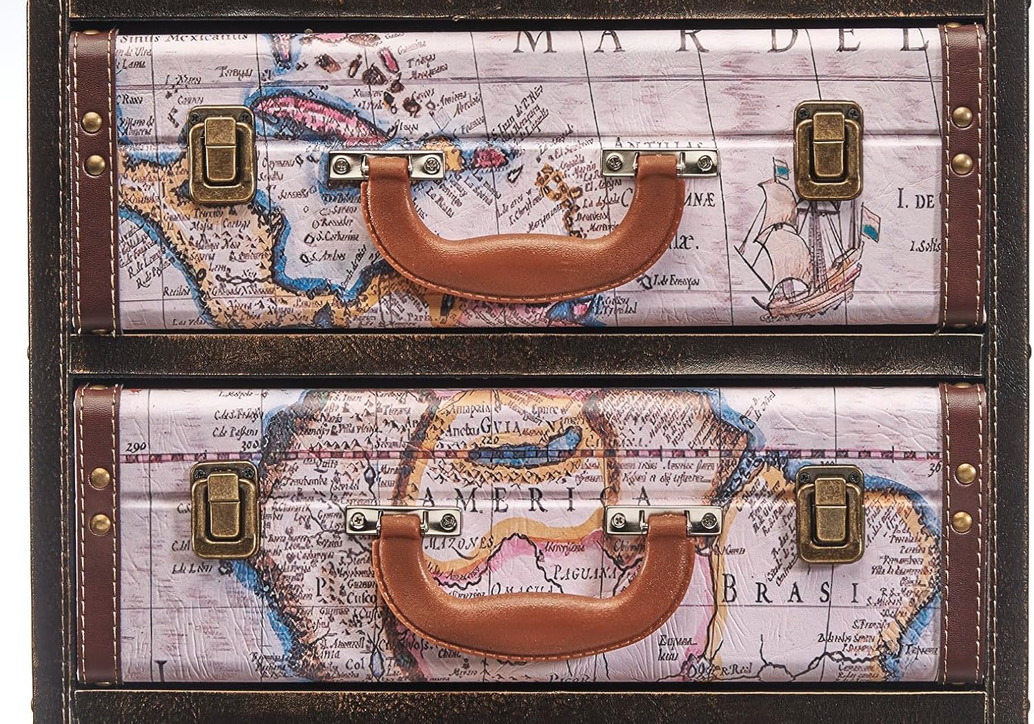 Kobolo Kommode Compass | 40x31x79 cm | braun | kleine Kommode aus MDF mit 5 Schubladen im Vintage Weltkarten-Design | dekorativer Schubladenschrank für Schlafzimmer, Wohnzimmer, Flur oder Büro