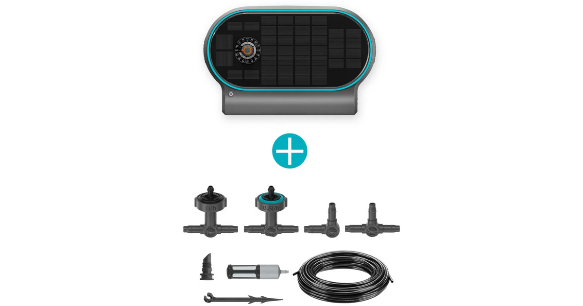 GARDENAAquaBloom Set L voor bewatering op zonne-energie besproeiingscomputer  (Grijs/turquoise, Automatisch besproeiingssysteem, accu inbegrepen)