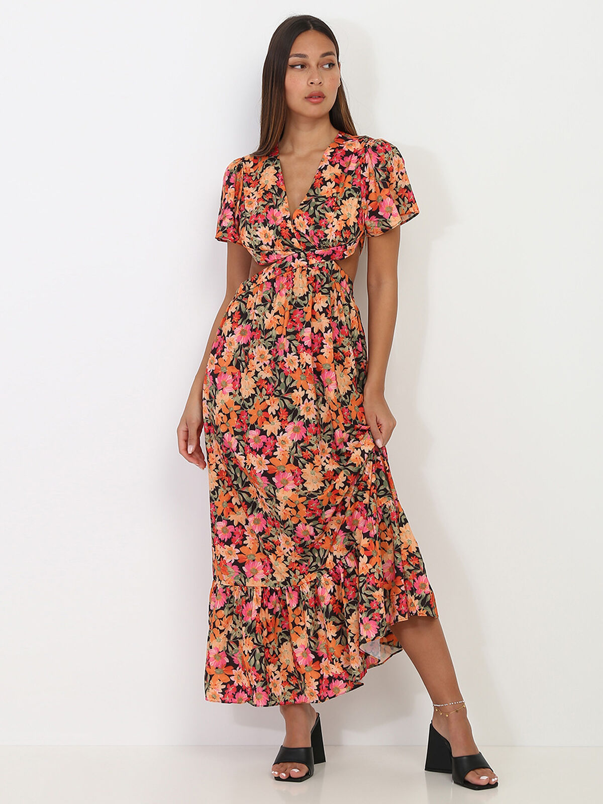 Robe longue noire à fleurs orange avec découpes Noir- Noir