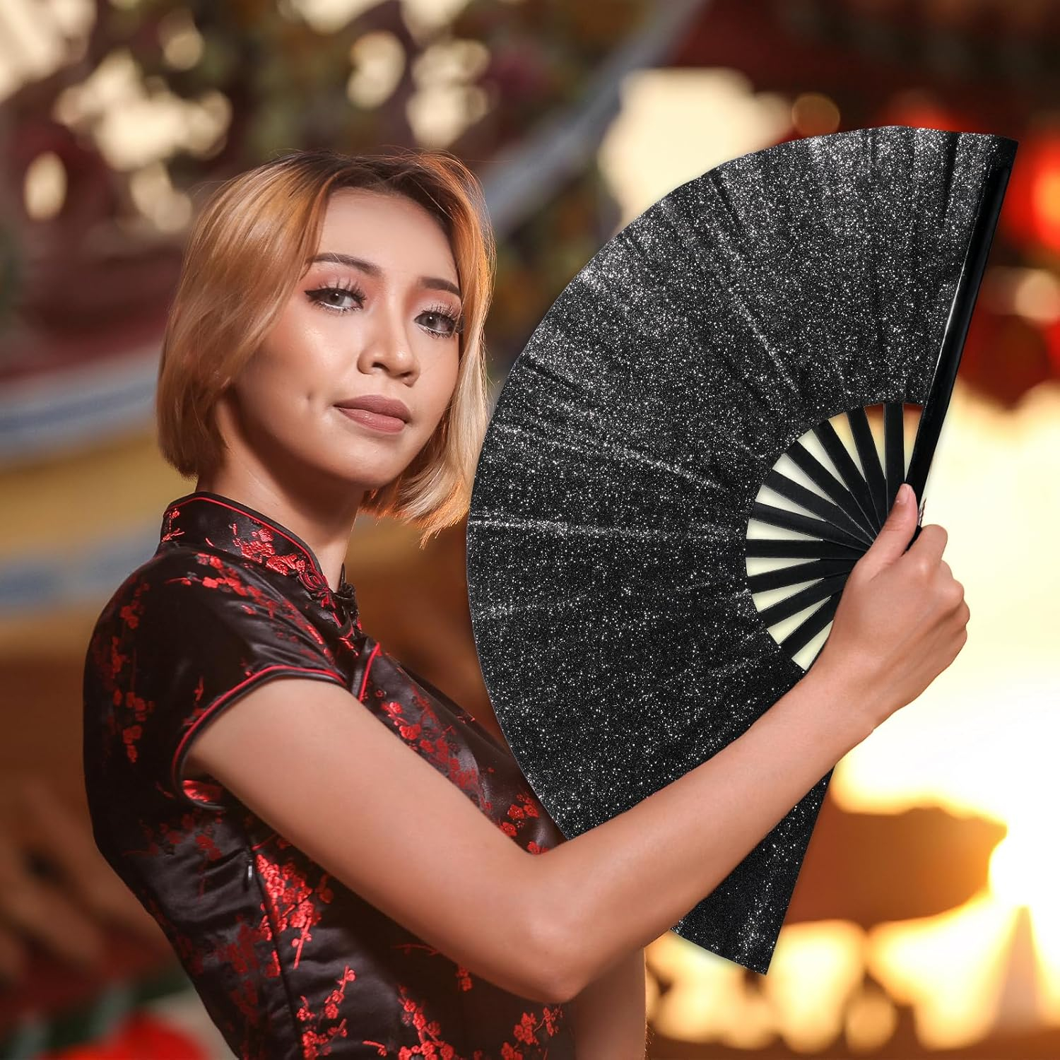 Bambus Fächer Faltbarer Glitzer Handfächer Sommer Fan - Schwarz