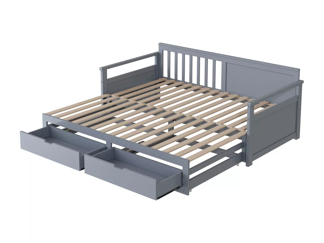Lit gigogne 90 x 190 cm/180 x 190 cm avec 2 tiroirs - bois massif - gris