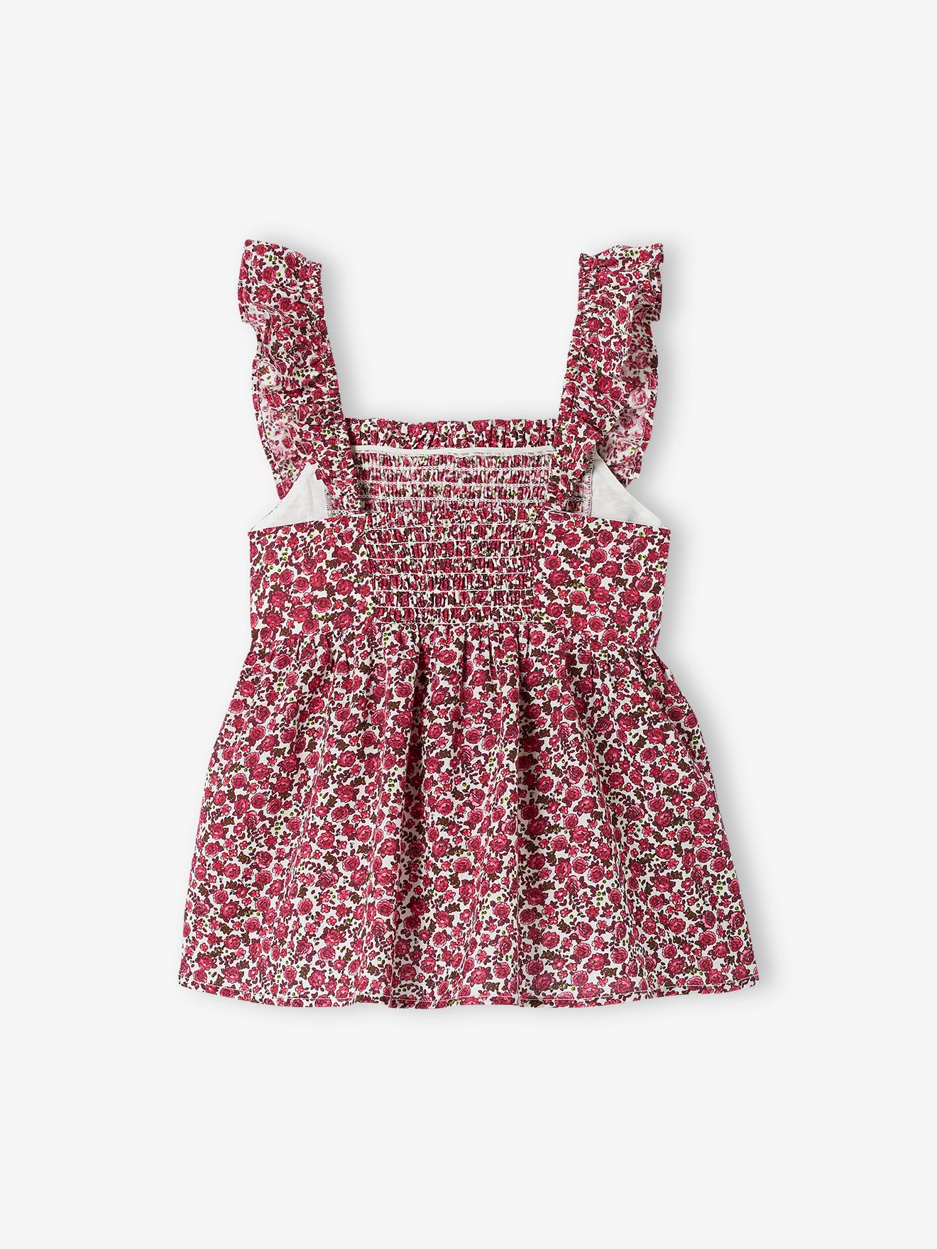 Blusa rosa peônia com alças franzidas e babados para meninas