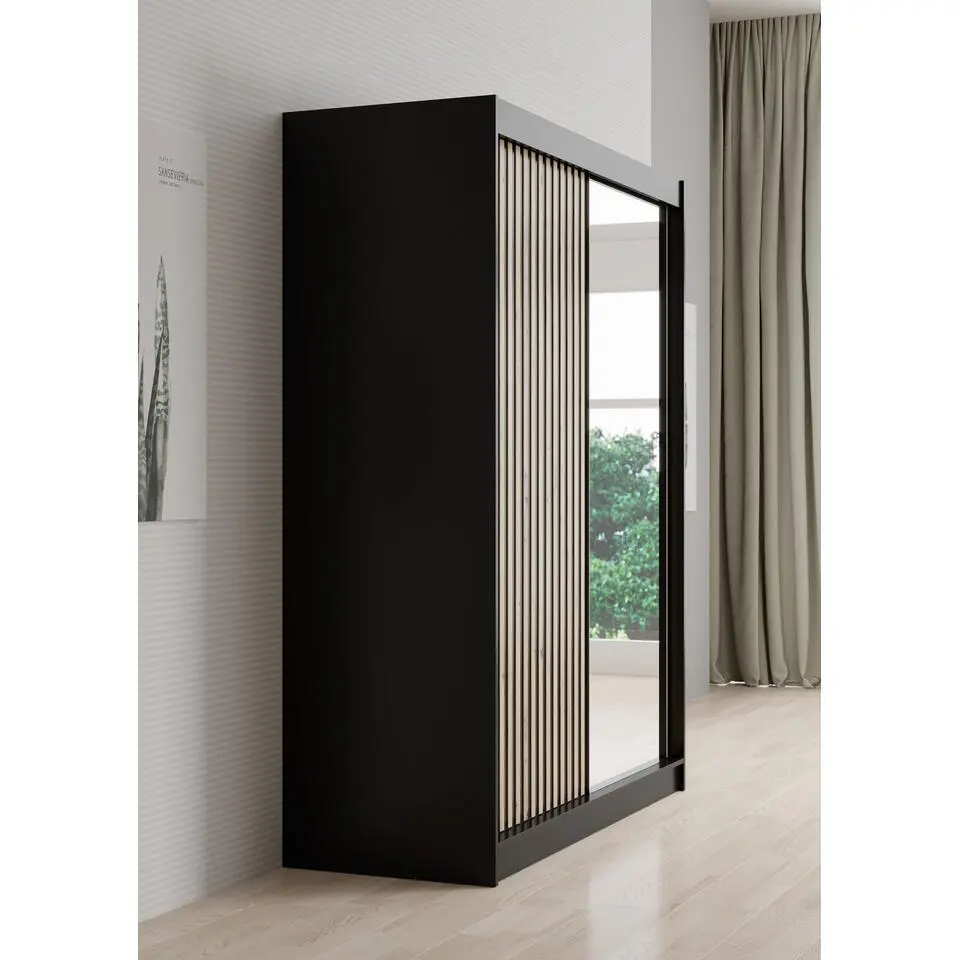 Meubella - Kledingkast Lisbon 2 - Zwart - 150 cm - Met spiegel