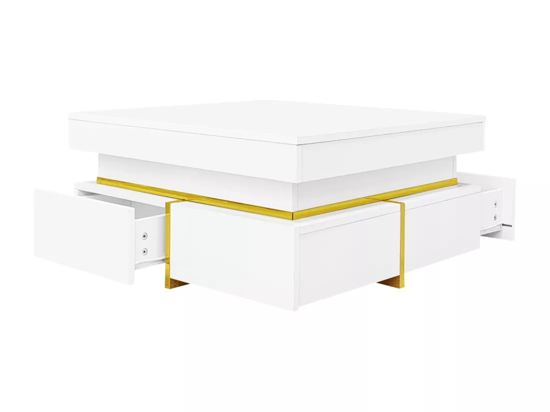 Table basse 70x70cmx35.5, table carré haute brillance avec tiroirs et accents dorés, blanc