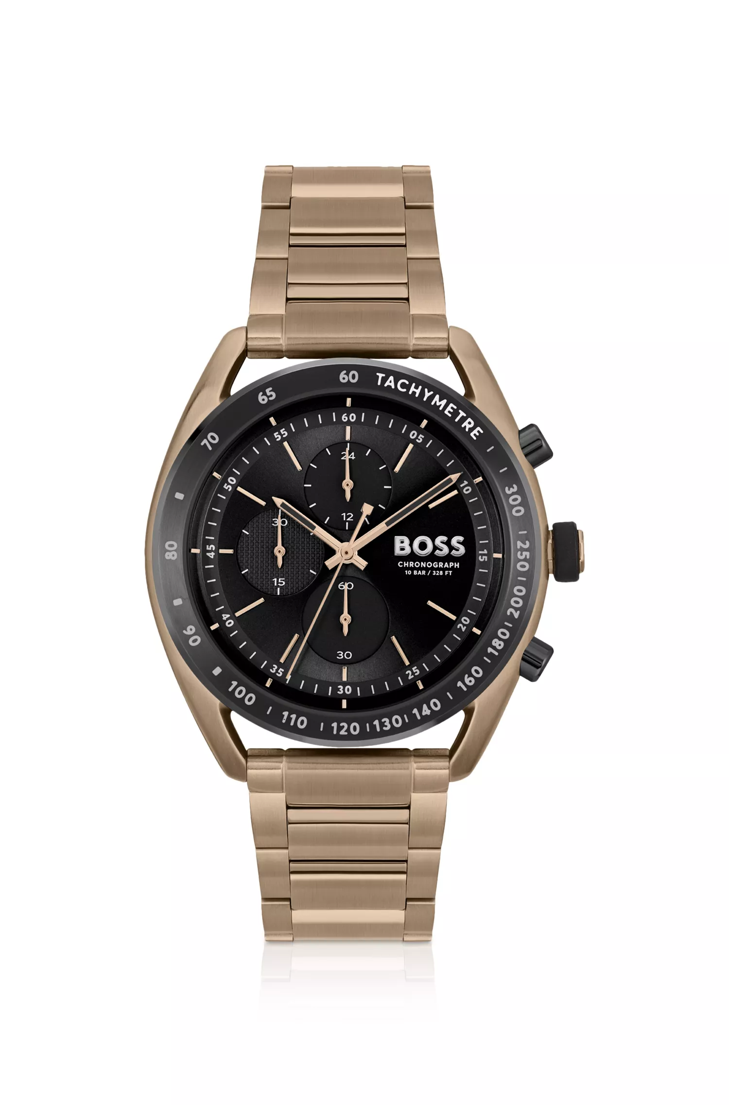 Relógio cronógrafo BOSS preto e dourado com pulseira de elos.