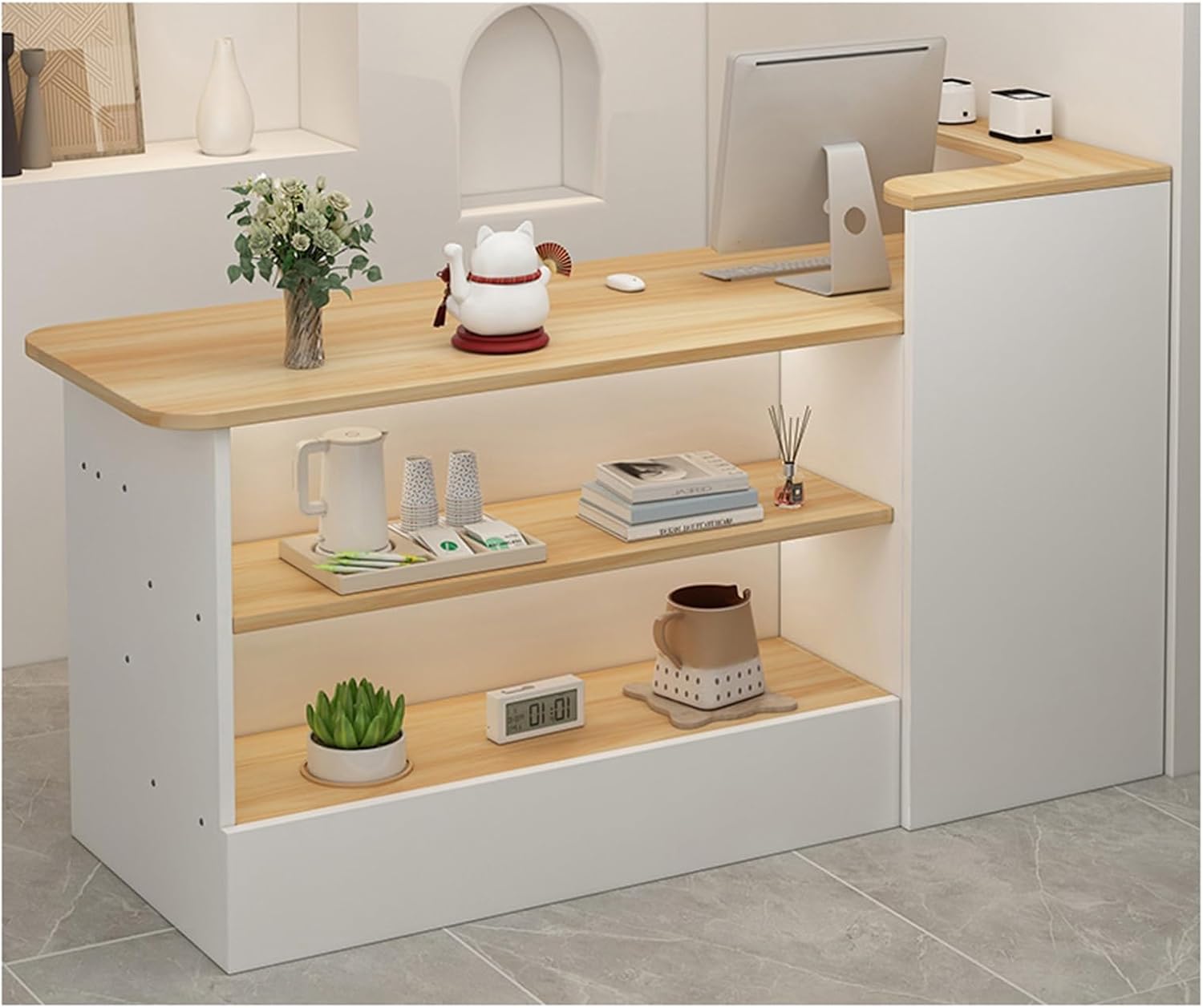 Empfangstheke,Empfangstresen,Rezeption, Rezeptionstheken,Laden-Theke,Verkaufstheke,Rezeptionsmöbe,Große Empfangstheke,Empfangstheke mit Schubladen(B-Light Walnut,120cm/47.2in)