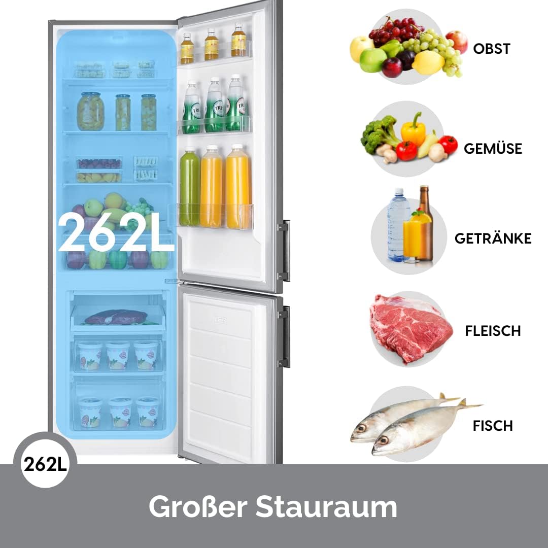 WOLKENSTEIN KGK280D Stand Kühl-Gefrierkombination | Inox Design | 180x55cm | 191L Kühlen+71L Gefrieren | Leiser Betrieb 40dB | Energieverbrauch 168kWh/Jahr | Silber