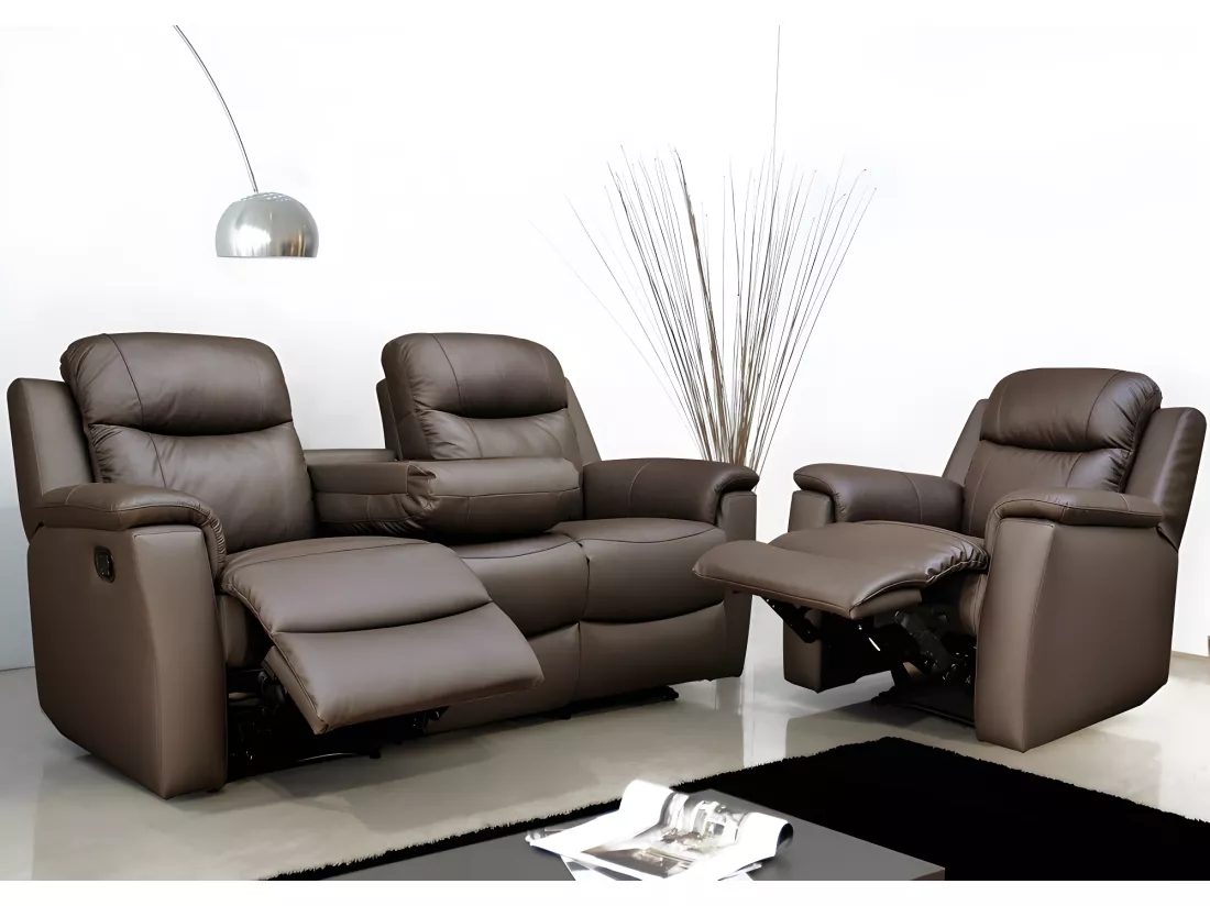 Canapé 3 places et un fauteuil relax EVASION en cuir - Marron