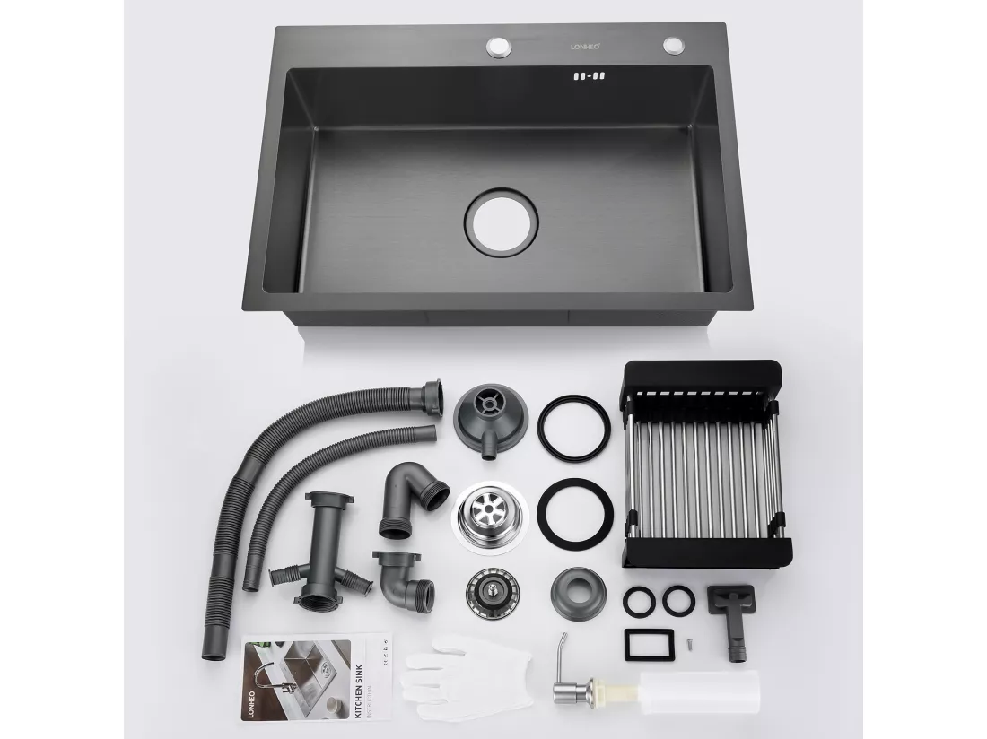 Évier Cuisine 1 Bac 68*45*19CM INOX Trop Plein Évier à Encastrer, avec Distrubuteur Savon et Égouttoir Panier Noir,EU Modèle