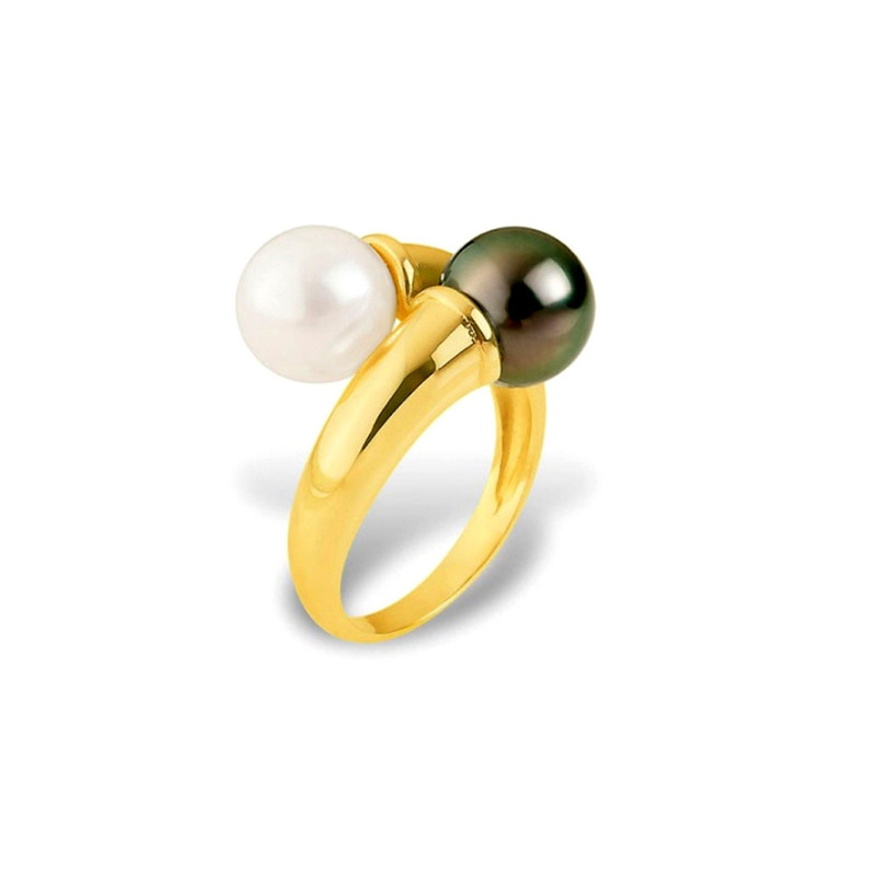 Bague Femme Perle de Culture Blanche et Perle de Tahiti et Or jaune 375/1000