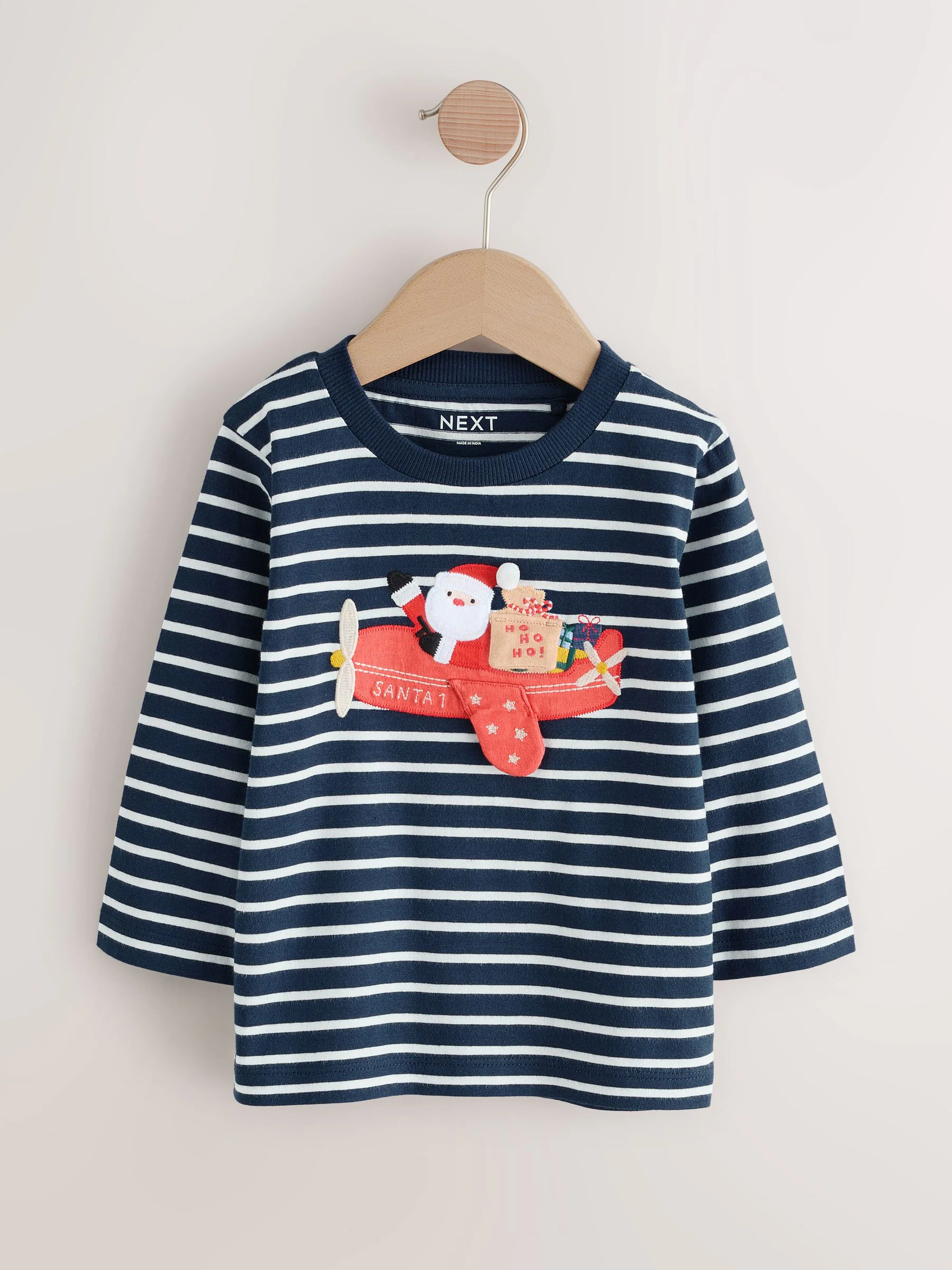 Marineblauw/wit applicatie - Kerst-T-shirt met lange mouwen (3mnd -8jr)