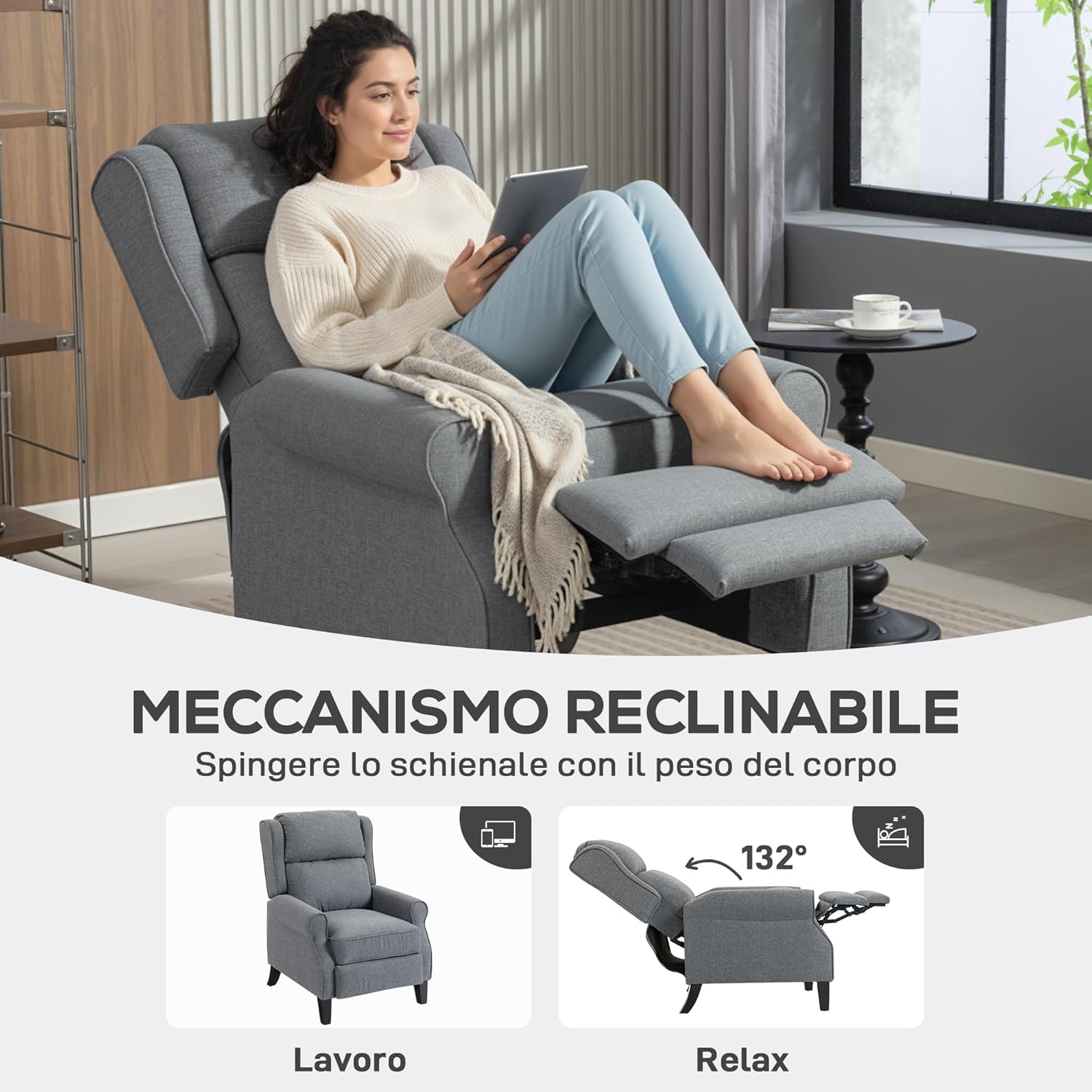 HOMCOM 132° max Reclining Armchair mit Fußstütze und Taschenfedern, Polstersessel in Leinenoptik, Stahl und Holz, 74x84x102 cm, Grau