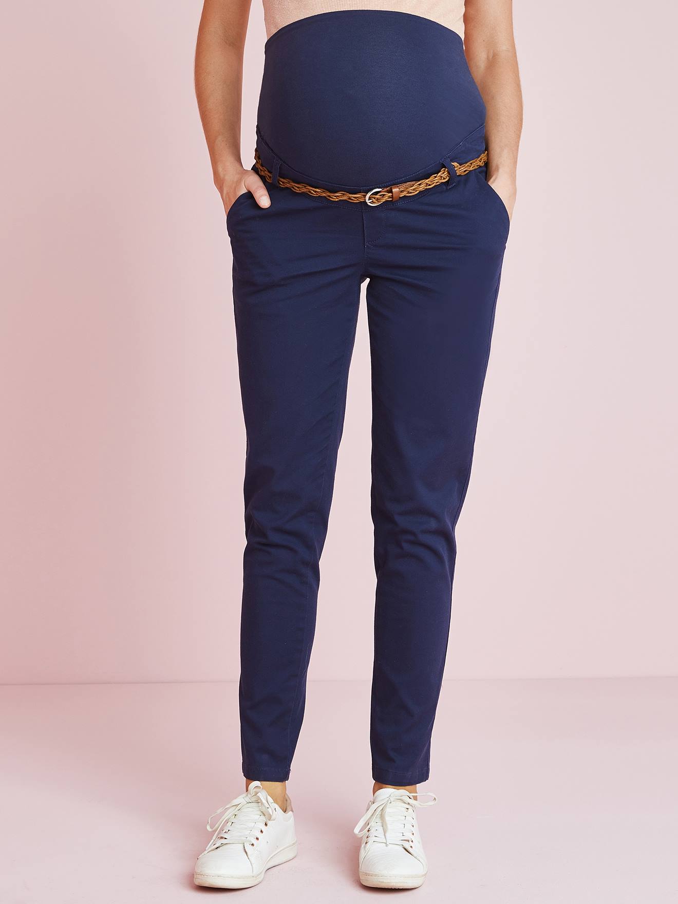 Calça chino para gestante, comprimento da perna 82 cm, azul escuro liso com estampas.