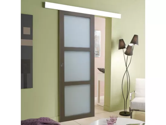 Porte Coulissante Marron Ral7006 Vitrage Transparent H204 X L83 + Rail Bandeau Blanc Gd Menuiseries